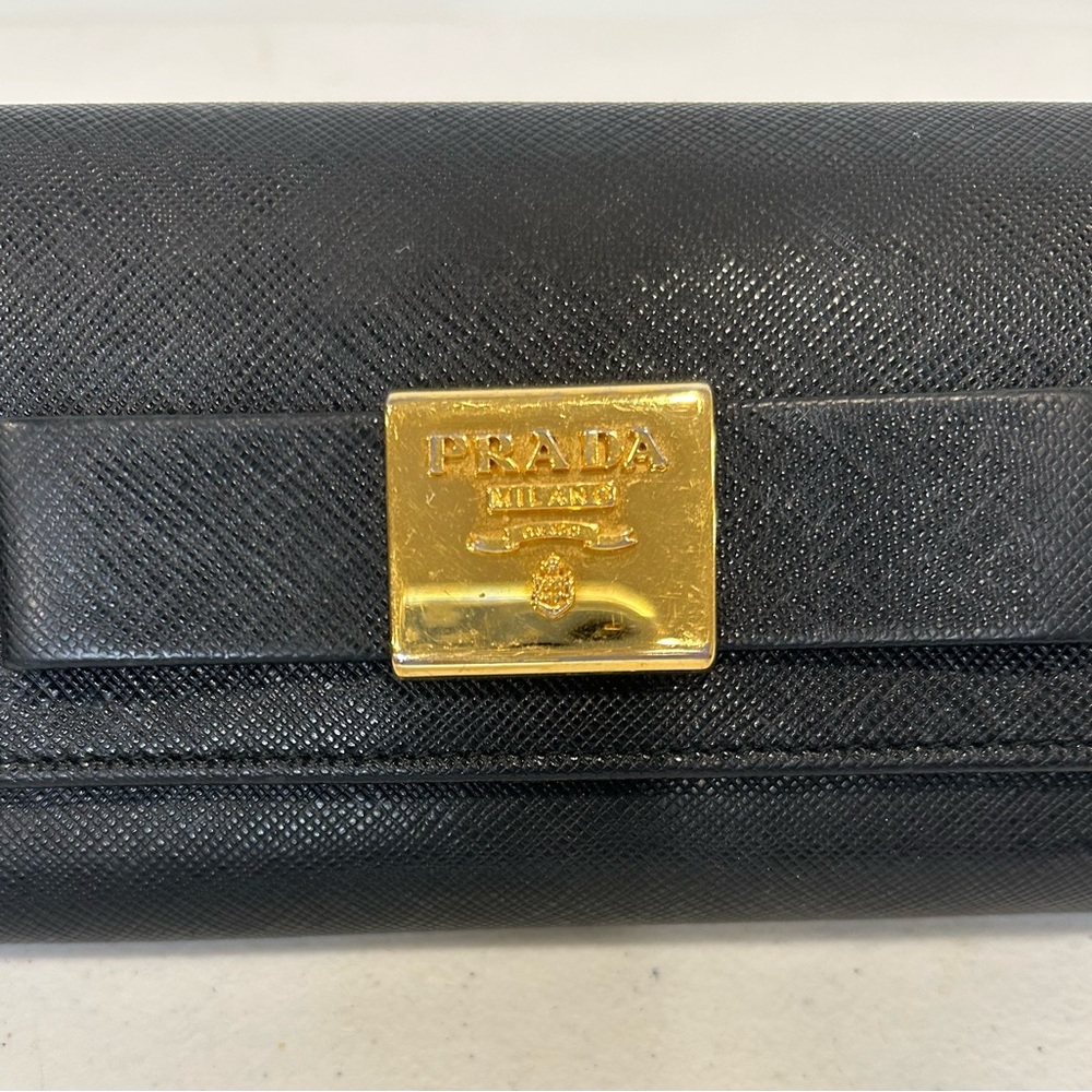 Prada Long Wallet Bi fold Black Leather with ribbon. - Picture 2 of 9